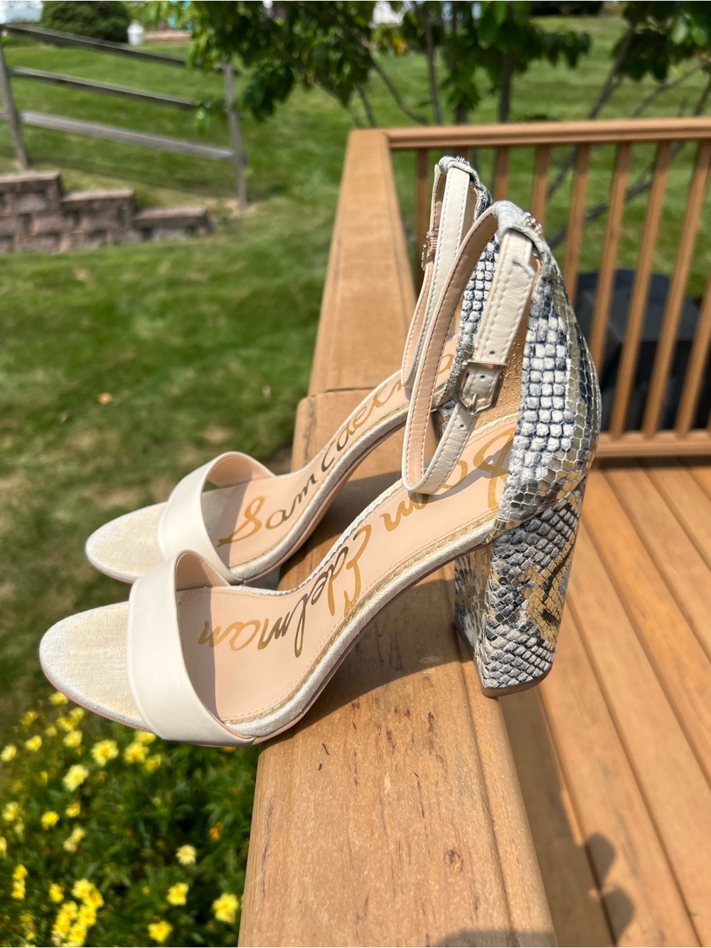 Sam Edelman Snake-Print Block Heel Sandals in Neutral